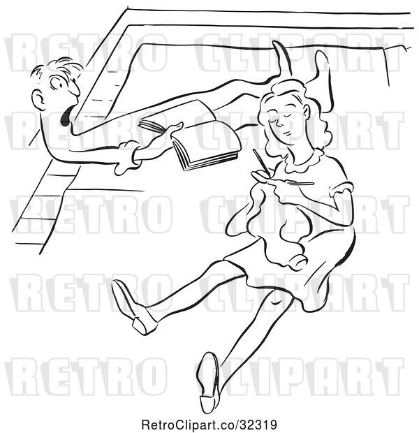 Vector Clip Art of Retro Couple Reading and Knitting on Their Floor