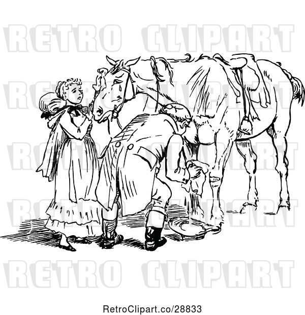 Vector Clip Art of Retro Couple Tending to an Injured Horse