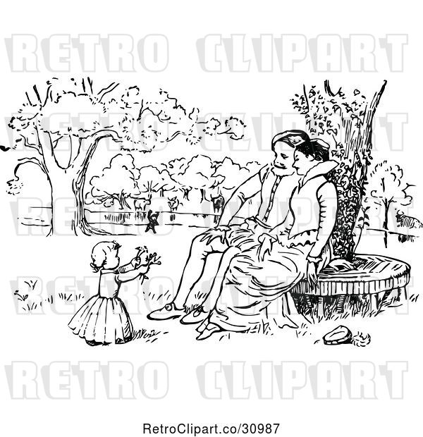 Vector Clip Art of Retro Couple Watching Their Girl Pick Flowers in a Park