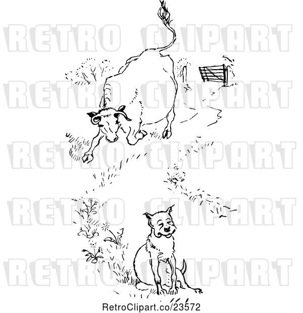 Vector Clip Art of Retro Cow Chasing a Dog