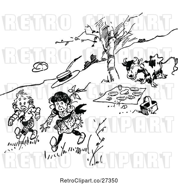 Vector Clip Art of Retro Cow Chasing KChildren Away from a Picnic