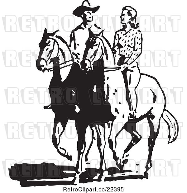 Vector Clip Art of Retro Cowboy and Lady on Horses