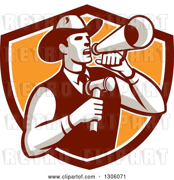 Vector Clip Art of Retro Cowboy Auctioneer Using a Megaphone and Holding a Gavel in a Brown White and Orange Shield