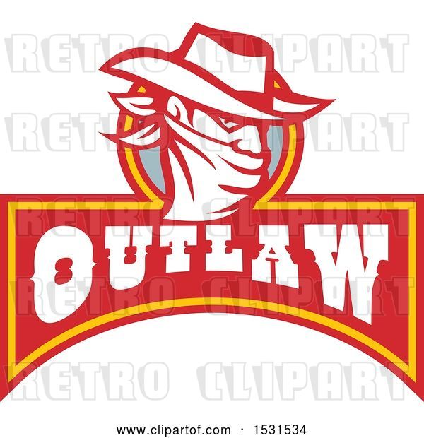 Vector Clip Art of Retro Cowboy Bandit Wearing a Bandana over His Face Above an Outlaw Banner