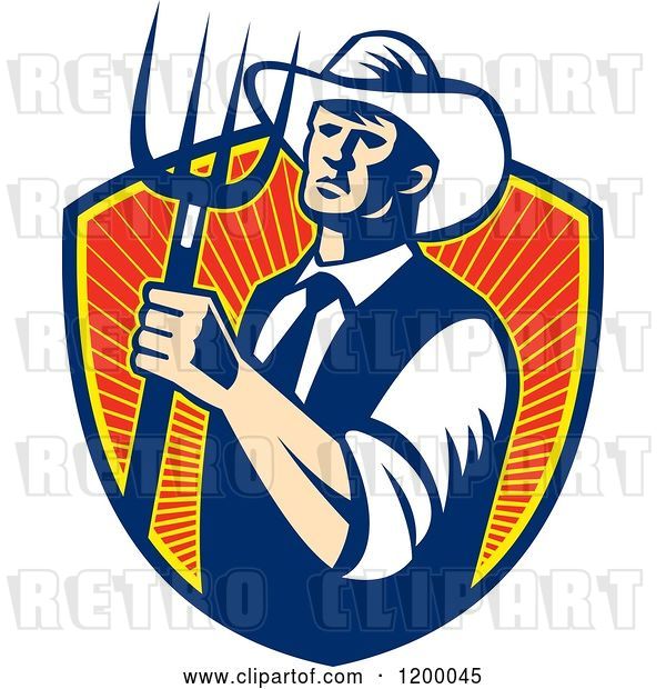 Vector Clip Art of Retro Cowboy Farmer Holding a Pitchfork over a Shield of Rays