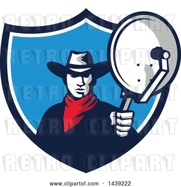 Vector Clip Art of Retro Cowboy Holding and Aiming a Satellite Dish in a Crest