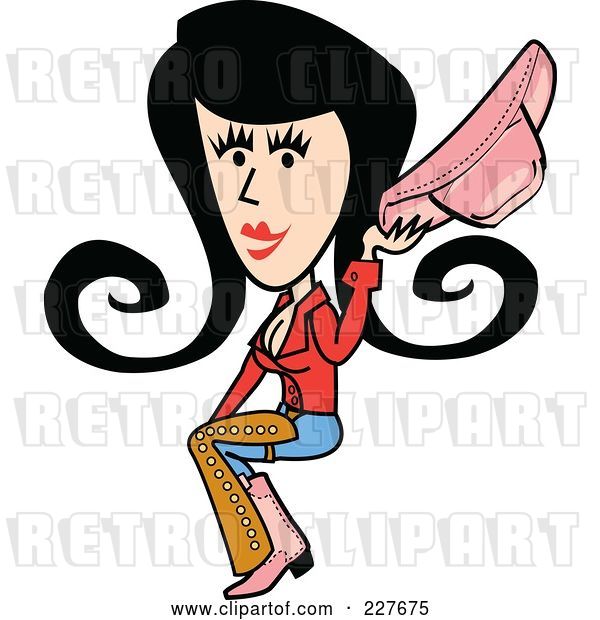 Vector Clip Art of Retro Cowgirl Lady Sitting and Holding Her Hat