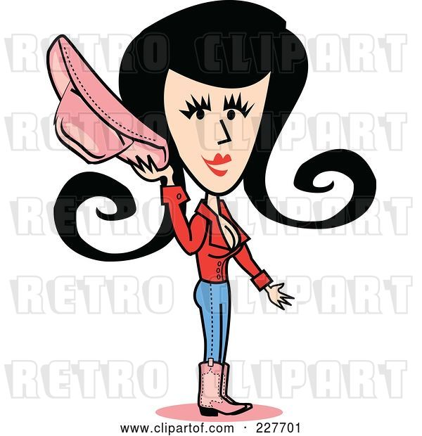 Vector Clip Art of Retro Cowgirl Lady Standing and Holding Her Hat