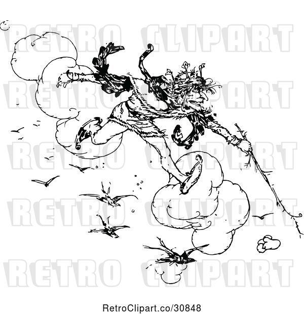 Vector Clip Art of Retro Crazy King Running on Clouds