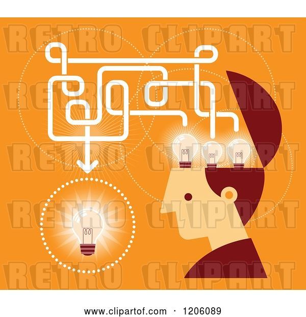 Vector Clip Art of Retro Creative Guy with Lightbulbs in His Head, over Orange