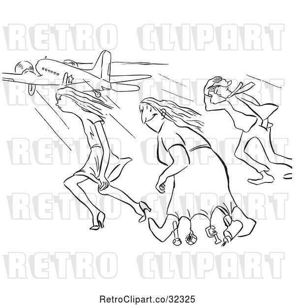 Vector Clip Art of Retro Creative Lady and Two Others in Strong Wind at the Airport