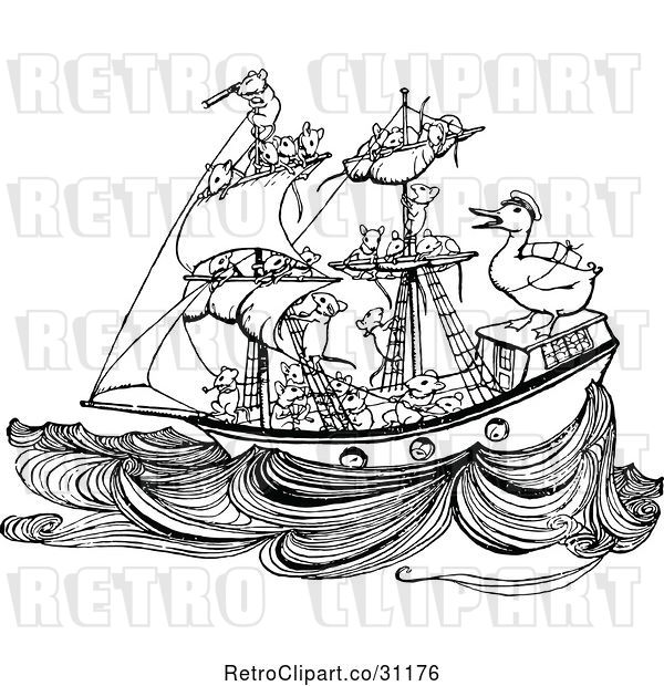 Vector Clip Art of Retro Crew of Mice Sailing a Ship with a Duck