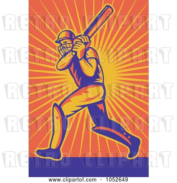 Vector Clip Art of Retro Cricket Batsman over Orange Rays