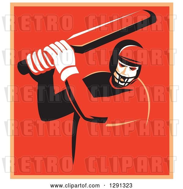 Vector Clip Art of Retro Cricket Batsman Player in a Red and Orange Square, with a White Border