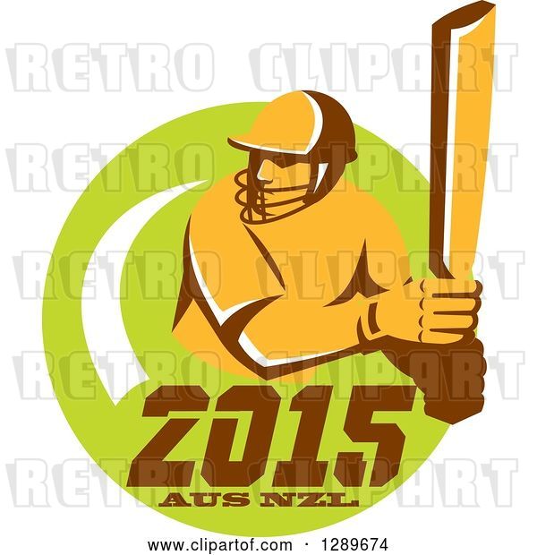 Vector Clip Art of Retro Cricket Player Batsman in a Green Circle with 2015 Australia New Zealand Text