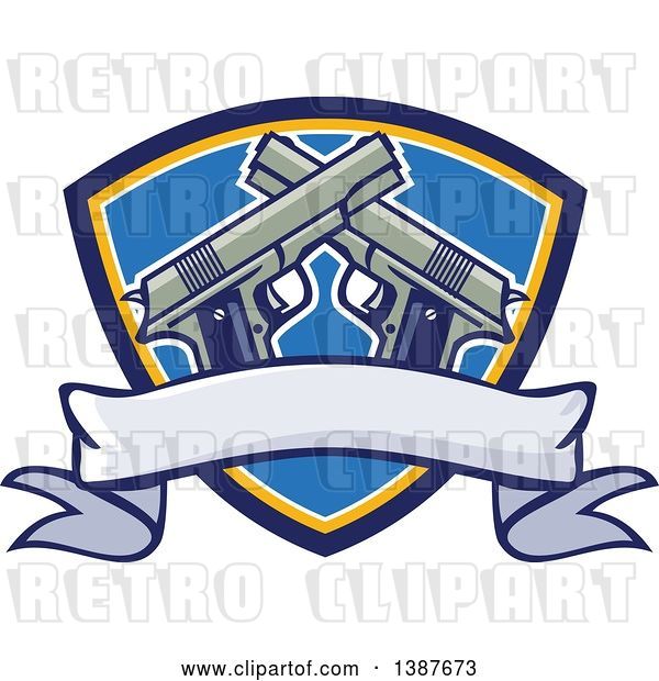 Vector Clip Art of Retro Crossed 1911 Pistols over a Blank Banner and Shield
