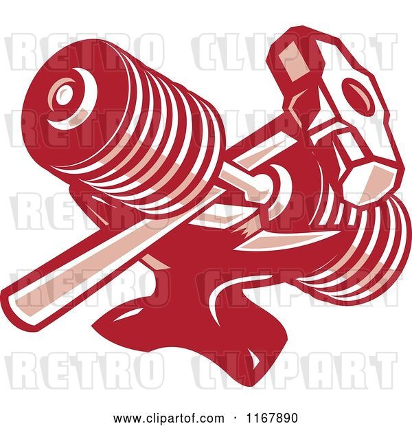 Vector Clip Art of Retro Crossed Red Sledgehammer and Dumbbell over an Anvil
