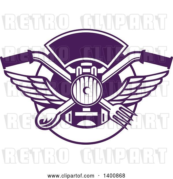 Vector Clip Art of Retro Crossed Spoon and Fork over Motorcycle Handlebars and Headlamp in a Purple and White Plate Circle