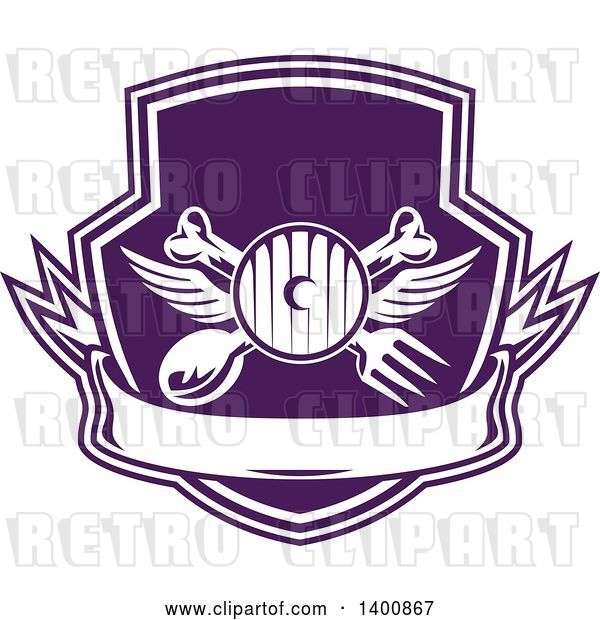 Vector Clip Art of Retro Crossed Spoon, Fork and Bone with Wings over a Headlamp in a Purple and White Shield