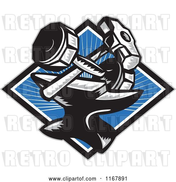 Vector Clip Art of Retro Crossed Woodcut Sledgehammer and Dumbbell over an Anvil and Blue Ray Diamond