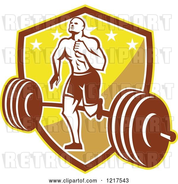 Vector Clip Art of Retro Crossfit Athlete Guy Running over a Barbell on a Shield
