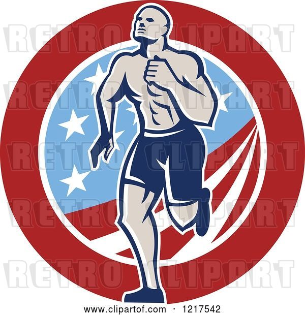 Vector Clip Art of Retro Crossfit Athlete Guy Running over an American Circle