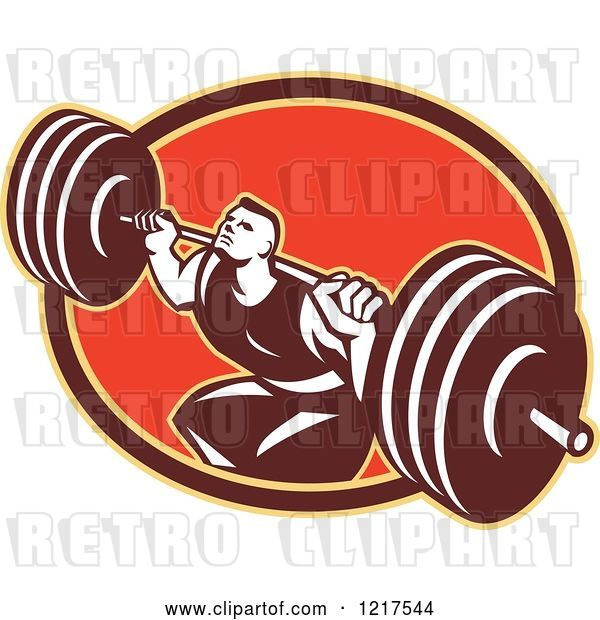Vector Clip Art of Retro Crossfit Athlete Guy Squatting with a Heavy Barbell over an Oval