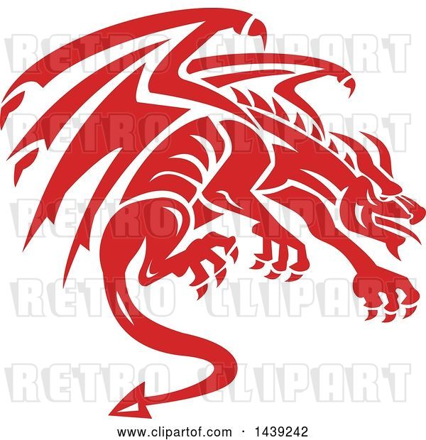 Vector Clip Art of Retro Crouching Red Gargoyle Dragon