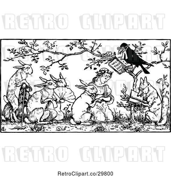 Vector Clip Art of Retro Crow Marrying a Girl and Rabbit