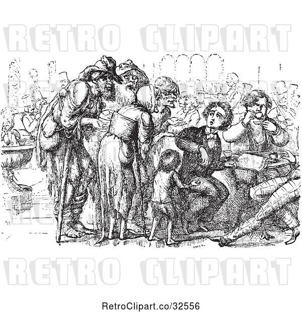 Vector Clip Art of Retro Crowd of Beggars and Foreigner in