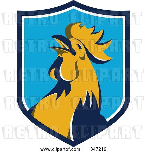 Vector Clip Art of Retro Crowing Rooster in a Blue and White Shield