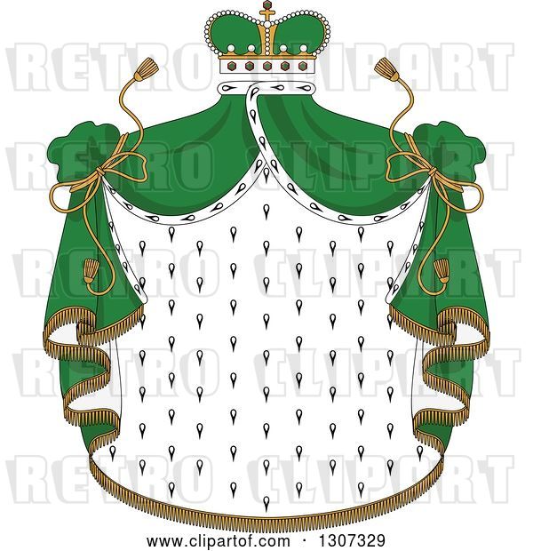 Vector Clip Art of Retro Crown and Patterned Royal Mantle with Green Drapes