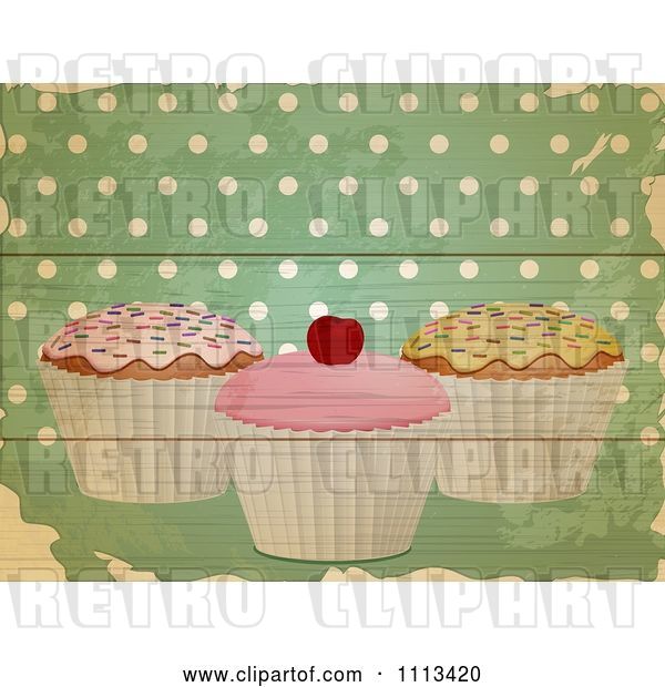 Vector Clip Art of Retro Cupcakes over Green Wood Planks with Polka Dots