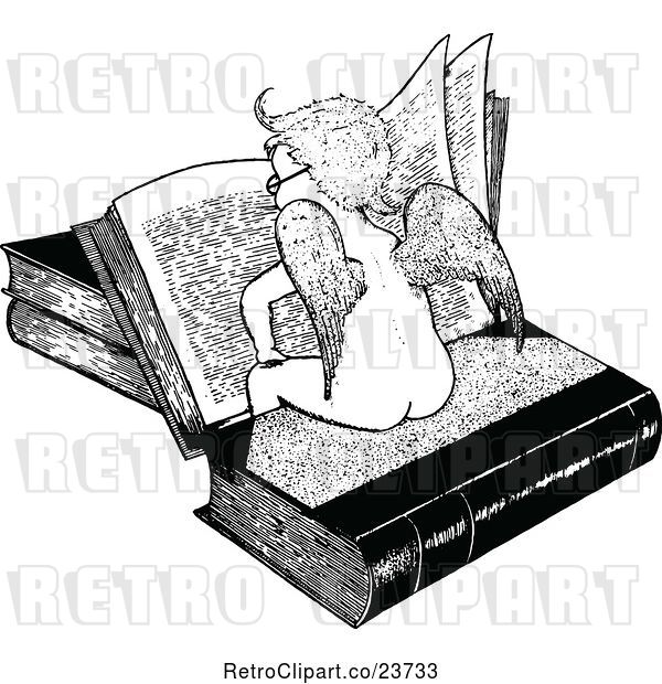 Vector Clip Art of Retro Cupid or Cherub Reading a Book