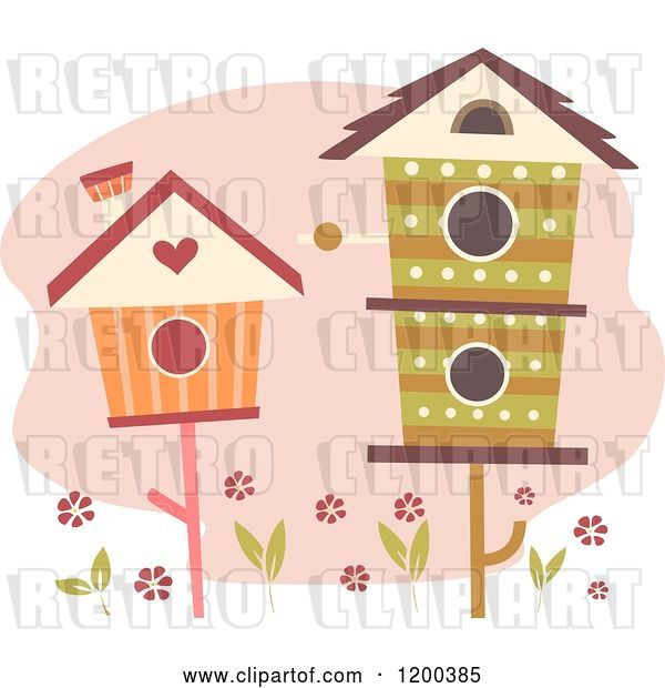 Vector Clip Art of Retro Cute Cartoon Bird Houses over Flowers and a Pink Cloud