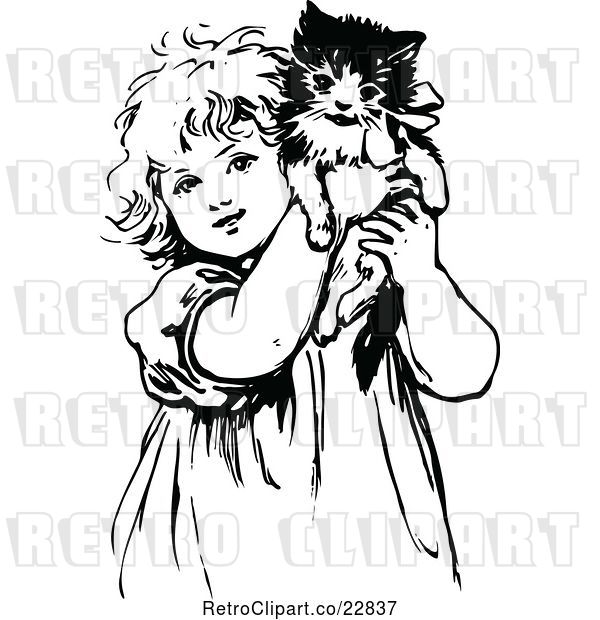 Vector Clip Art of Retro Cute Girl Holding up a Kitten