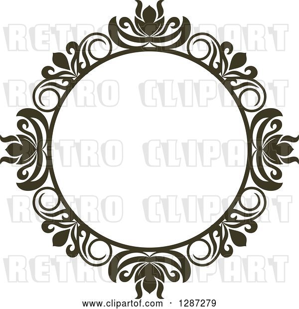 Vector Clip Art of Retro Dark Brown Round Ornate Floral Frame