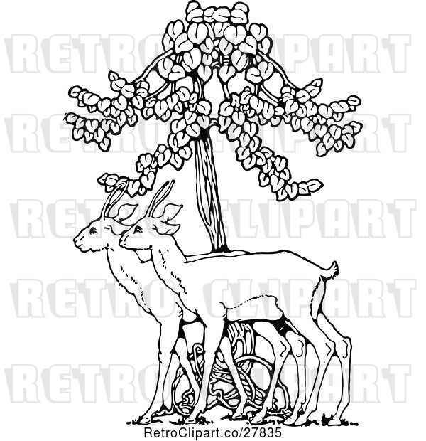 Vector Clip Art of Retro Deer Under a Tree