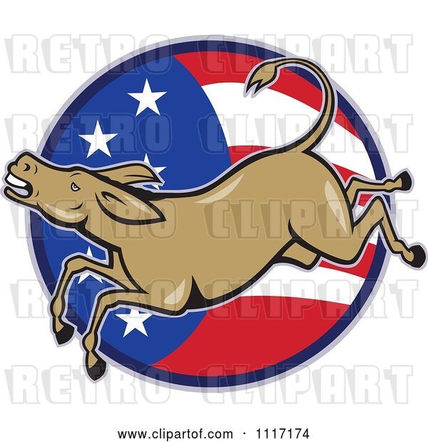 Vector Clip Art of Retro Democratic Party Donkey Bucking over an American Flag Circle