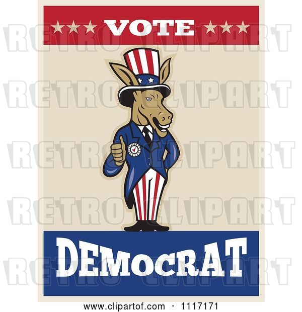 Vector Clip Art of Retro Democratic Party Donkey Uncle Sam Holding a Thumb up with VOTE DEMOCRAT Text
