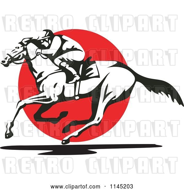 Vector Clip Art of Retro Derby Jockey Racing a Horse over a Red Circle