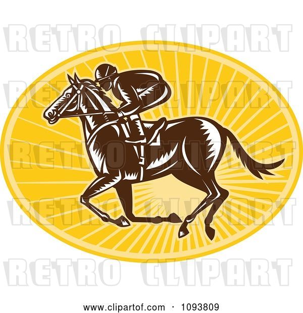 Vector Clip Art of Retro Derby Jockey Racing a Horse over Yellow Rays
