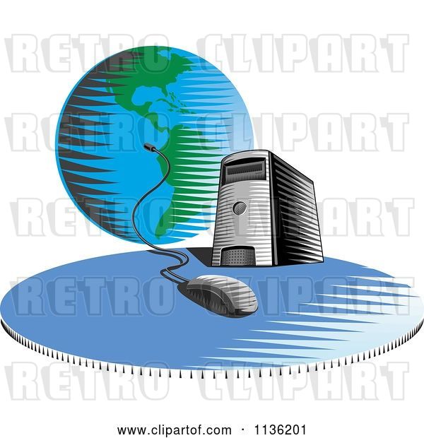 Vector Clip Art of Retro Desktop Computer Server Tower Connected a Globe