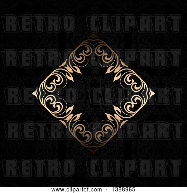 Vector Clip Art of Retro Diamond Floral Gold Frame on a Black Background