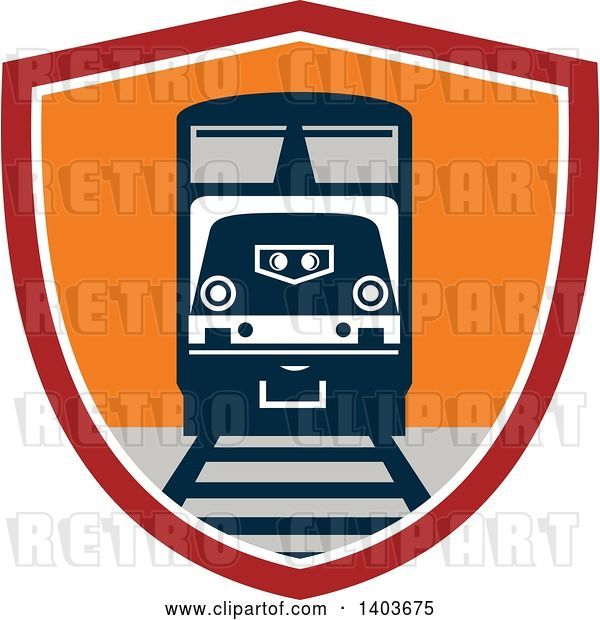 Vector Clip Art of Retro Diesel Freight Train on a Track in a Red White and Orange Shield