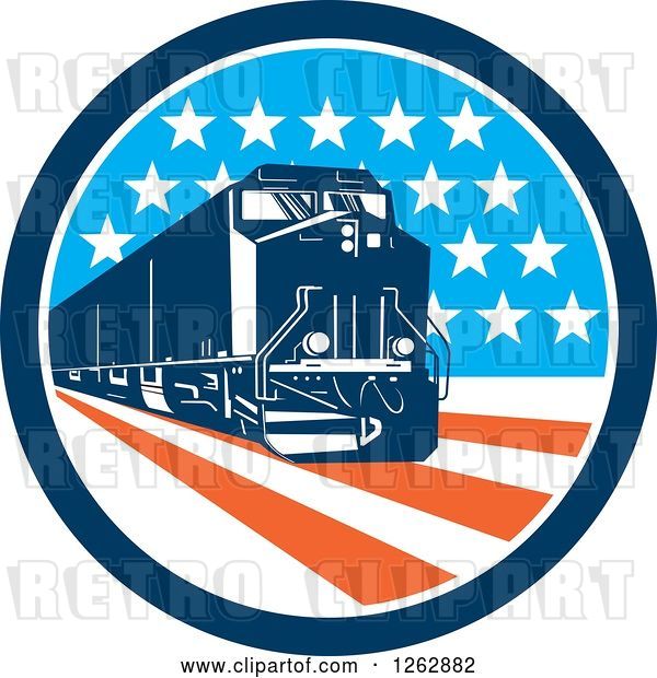 Vector Clip Art of Retro Diesel Train in an American Circle
