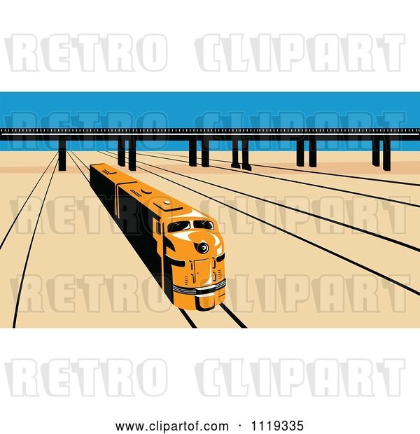 Vector Clip Art of Retro Diesel Train on Tracks near a Viaduct