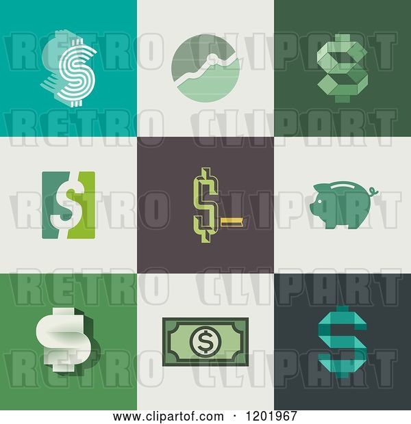 Vector Clip Art of Retro Different Styled Dollar Symbol Graph and Piggy Bank Squares