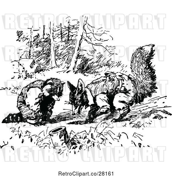 Vector Clip Art of Retro Digging Fox and Raccoon