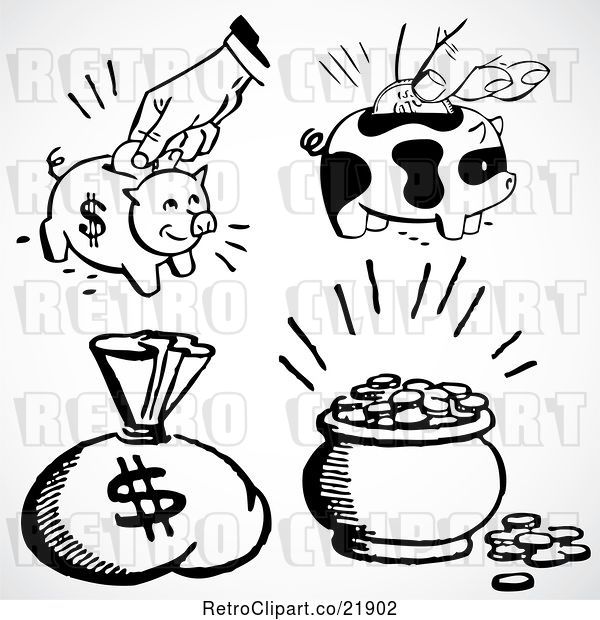 Vector Clip Art of Retro Digital Collage of a Money Sack, Piggy Banks and Coins